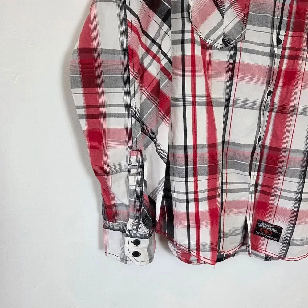 No Fear Men's Pearl Snap Button Up Shirt Western Rodeo 90s Country Red Plaid L